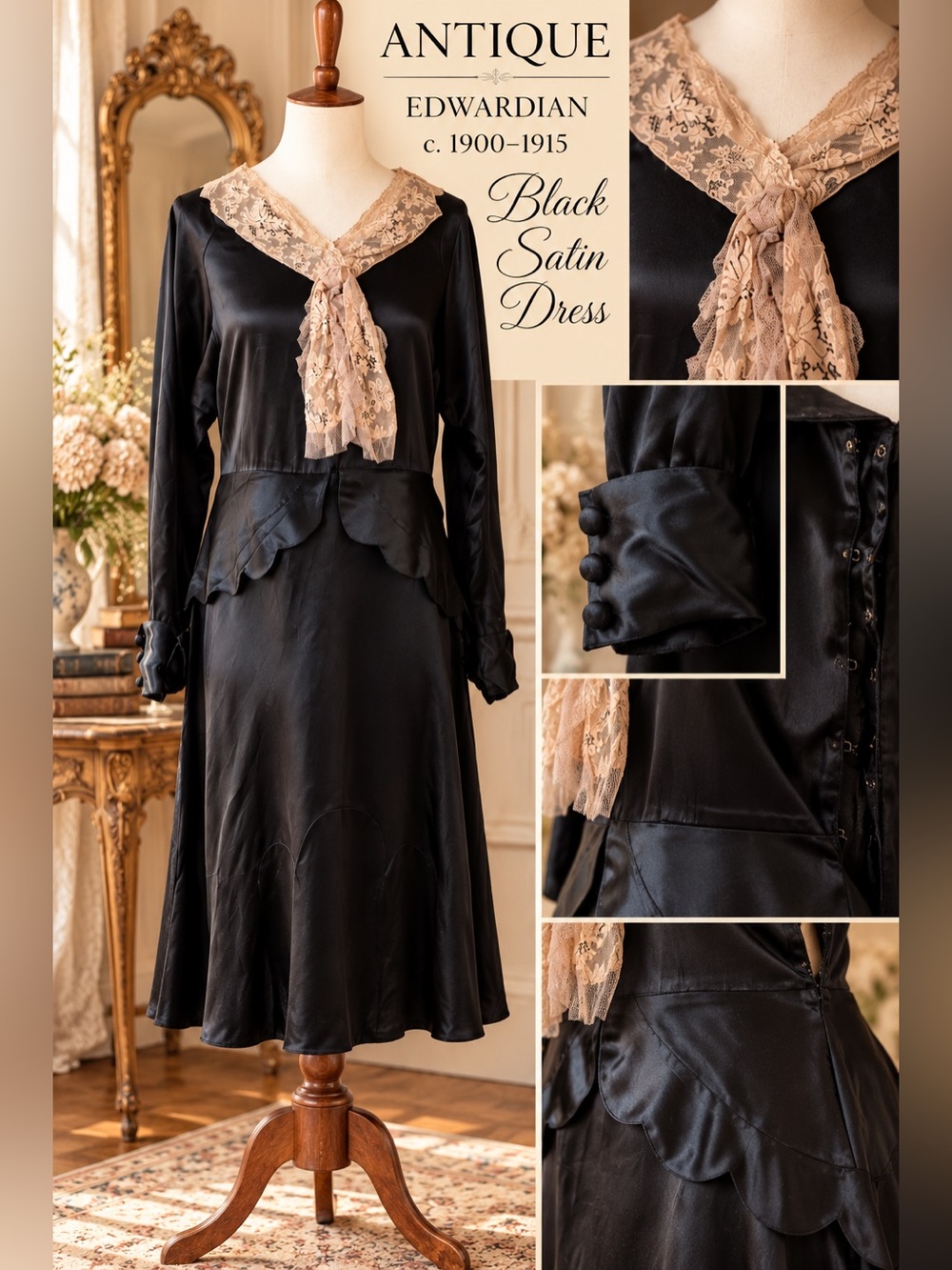 Antique Edwardian Black Satin Dress | Lace Collar & Tie | c. 1900–1915